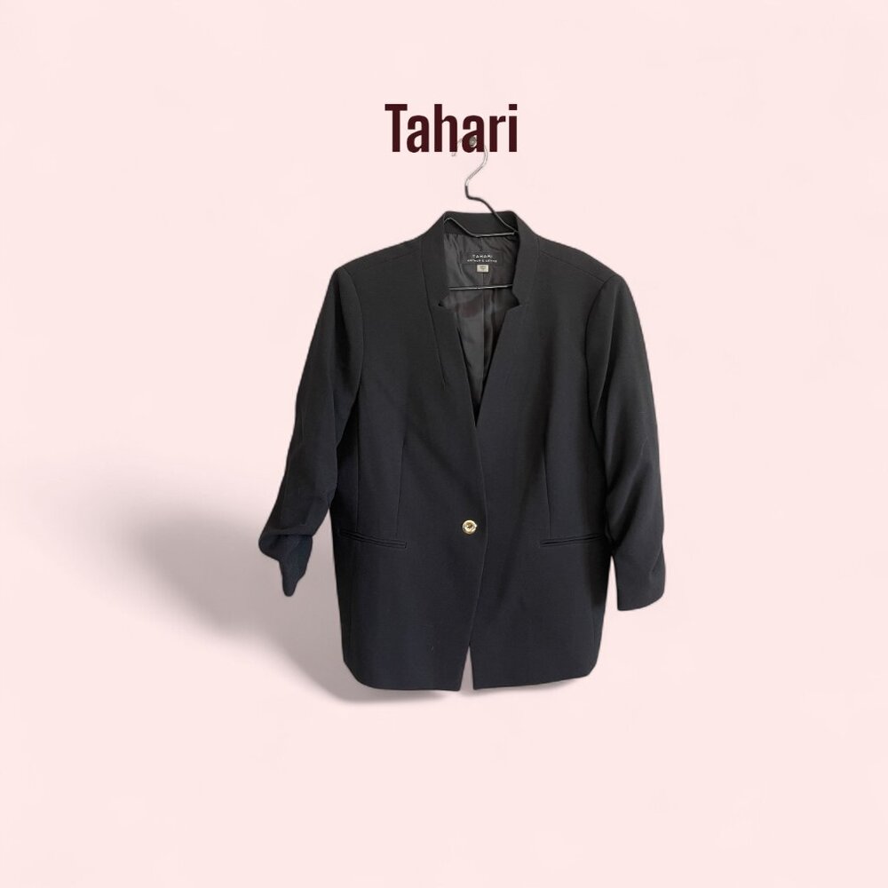 Tahari Women’s Size 18 Black Business Jacket 3/4 Ruched Sleeves NWT